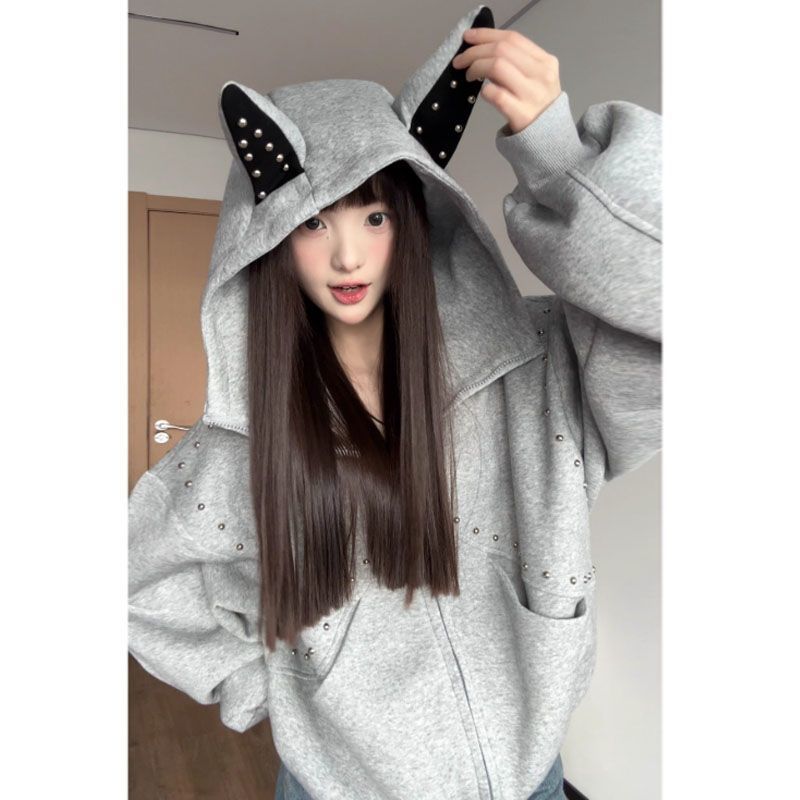 Vintage Zip Hoodie - Y2K 빈티지 귀여운 악마 귀 스터드