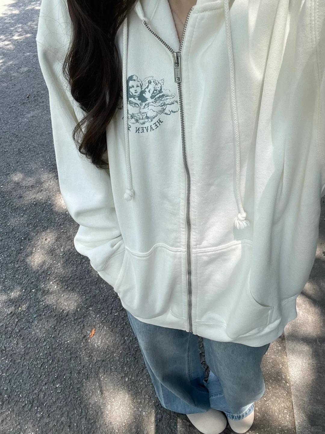 Vintage Zip Hoodie - 포켓 지퍼업 스웨트셔츠 여성용 화이트 코튼