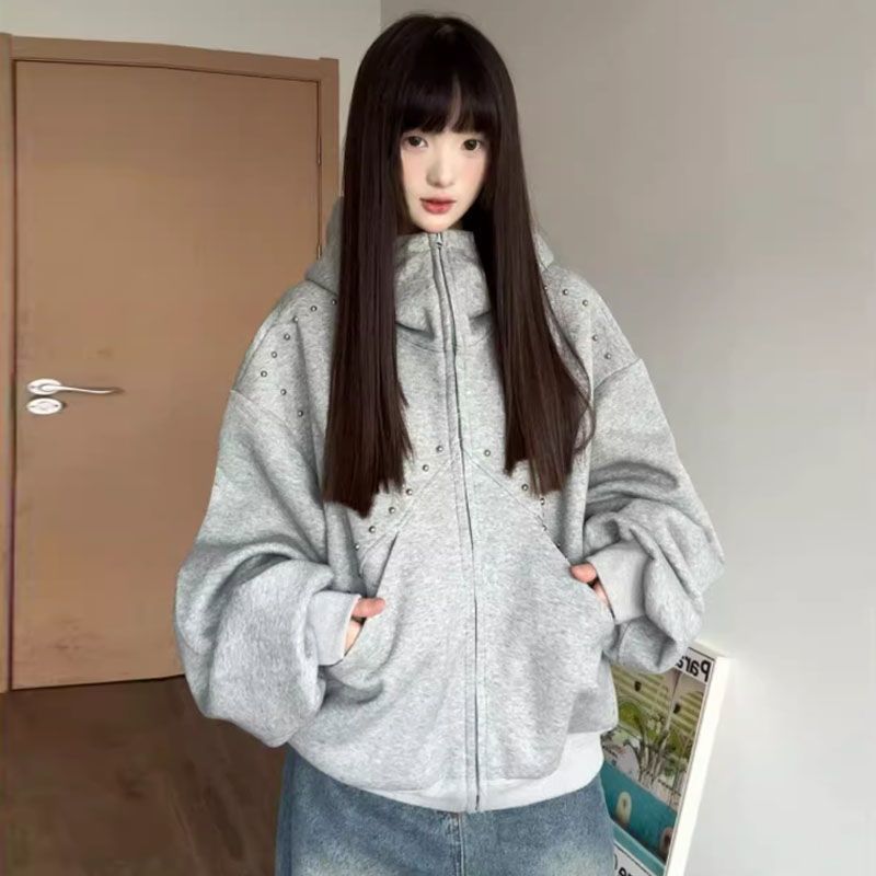 Y2K 빈티지 귀여운 악마 귀 스터드 지퍼업 후드티 여 - Vintage Zip Hoodie 리뷰 및 가격