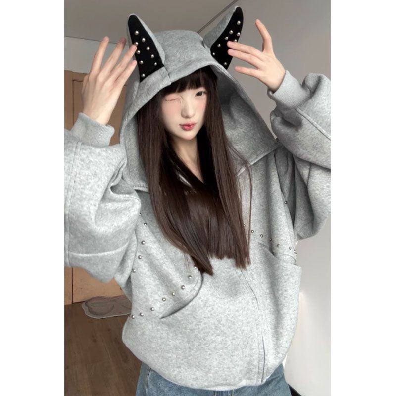 Y2K 빈티지 귀여운 악마 귀 스터드 지퍼업 후드티 여 - Vintage Zip Hoodie 리뷰 및 가격