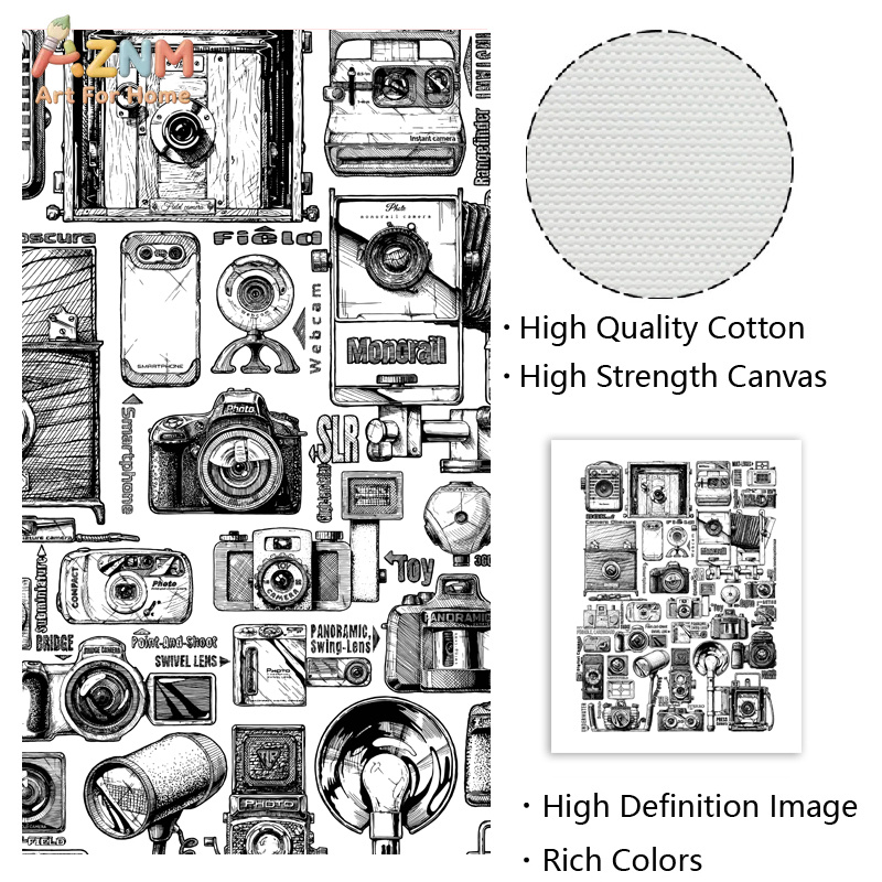 AZNM 빈티지 카메라 컬렉션 캔버스 벽 예술 흑백 스 - Collectible Vintage Cameras 리뷰 및 가격