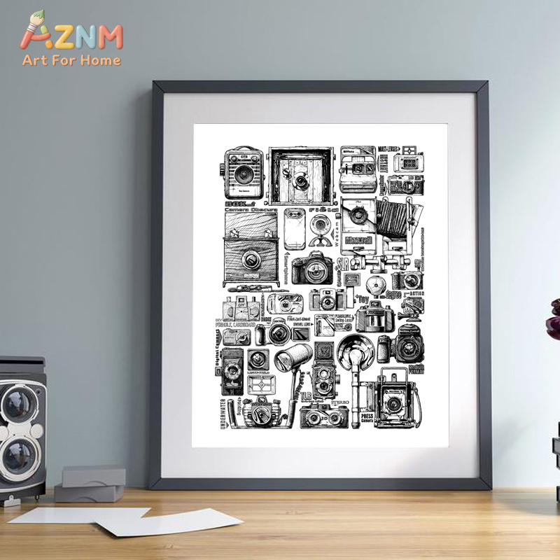 AZNM 빈티지 카메라 컬렉션 캔버스 벽 예술 흑백 스 - Collectible Vintage Cameras 리뷰 및 가격