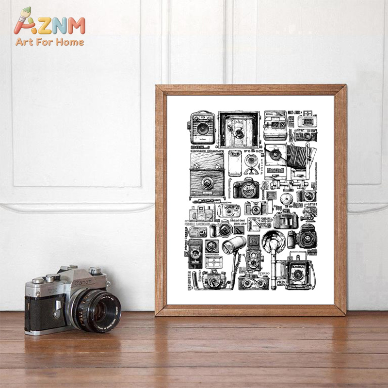 AZNM 빈티지 카메라 컬렉션 캔버스 벽 예술 흑백 스 - Collectible Vintage Cameras 리뷰 및 가격